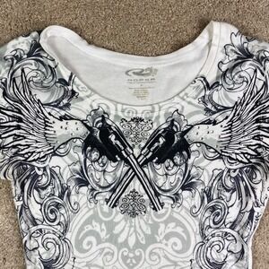 Roper Womens White Long Sleeve Graphic T-Shirt Pistols Wings Rhinestones Size M